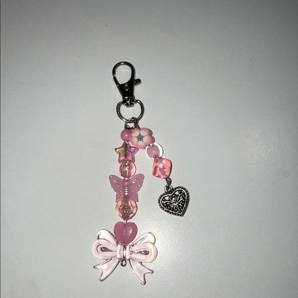 Pink Beaded Keychain with Bow and Heart Charm